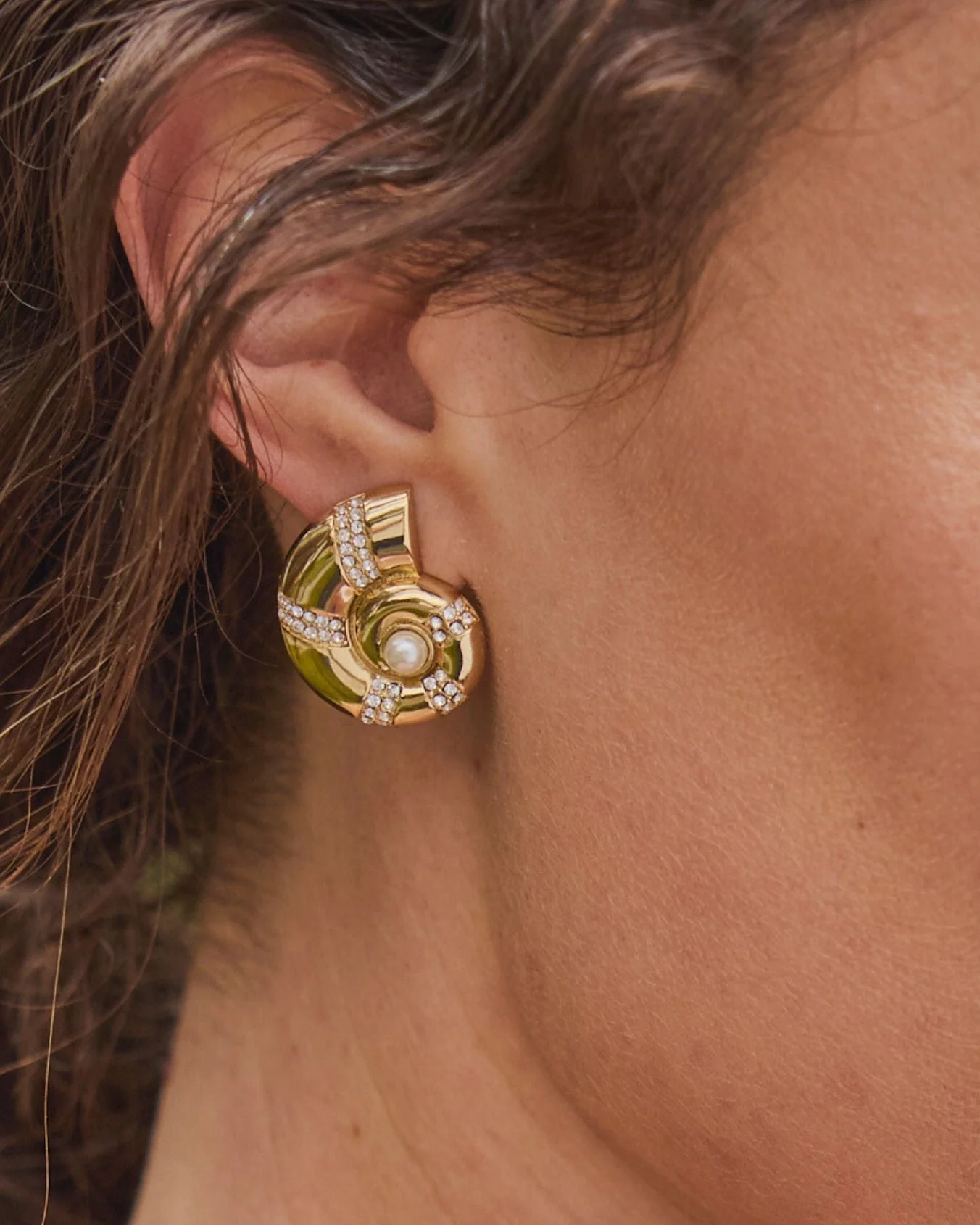 Nautilus Gold and Pearl Shell Stud Earrings - Image 2